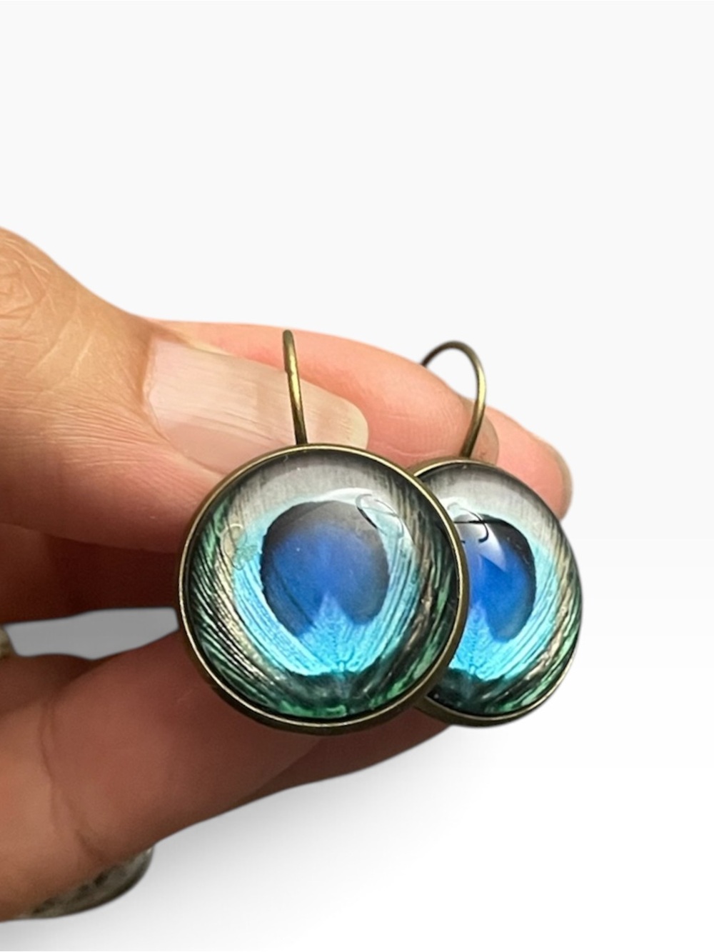 Handcrafted Blue Peacock Feather Drop Earrings